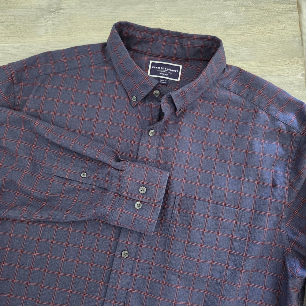 Charles Tyrwhitt Shirt Navy Blue Red Windowpane Check Mens XXL